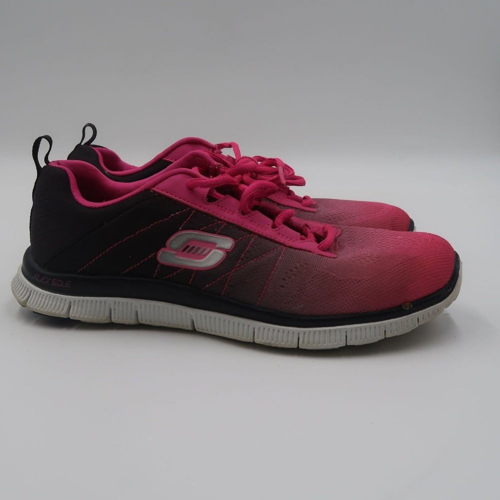 WOMENS SKECH-KNIT BY SKECHERS MEMORY FOAM PINK/BLACK TENNIS SHOES SZ 8 1818
